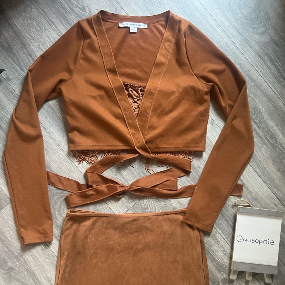 Bear Dance & HYFVE Cognac Fringe Skirt Wrap Top & Bandeau Top Rave Bundle Size L - Picture 6 of 16